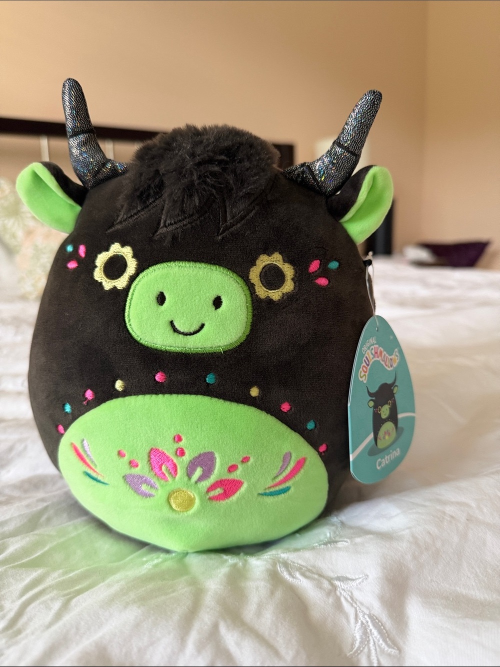 Squishmallows Catrina Plush Cow - Black & Lime Green Accent